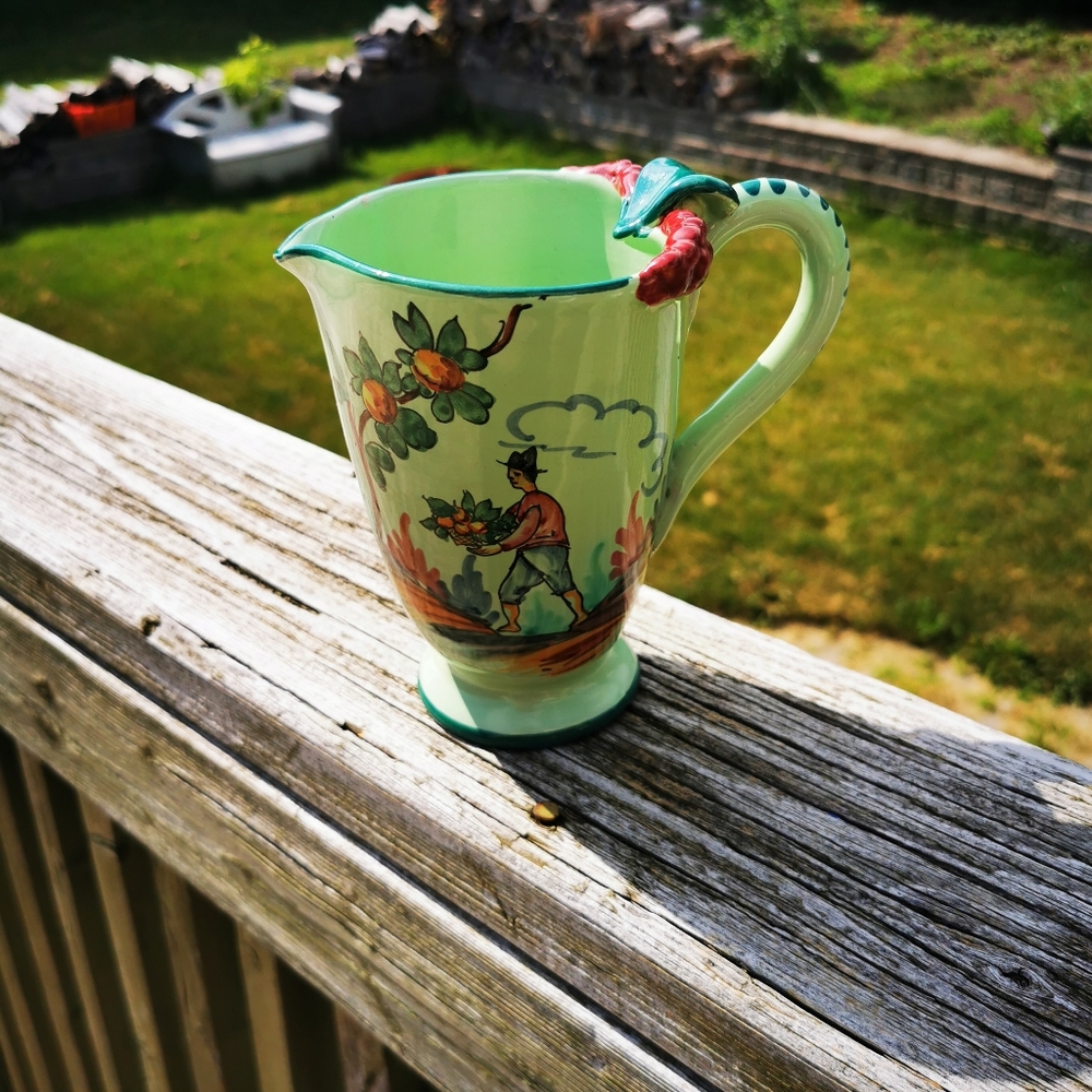 Vintage Hand Painted Green Italian Pottery Pitcher